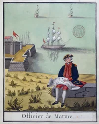 Ms 2848一連のフランス軍の衣装からの海軍将校、1768（紙にトイレ）